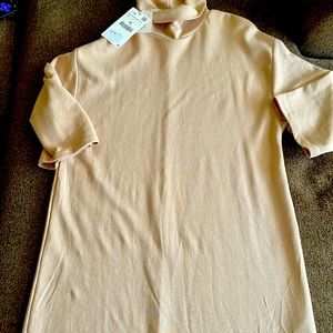 Turtle neck long sleeve tan dress.
